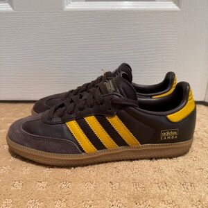 Adidas Samba OG suede & leather sneakers in dark brown/preloved yellow colorway